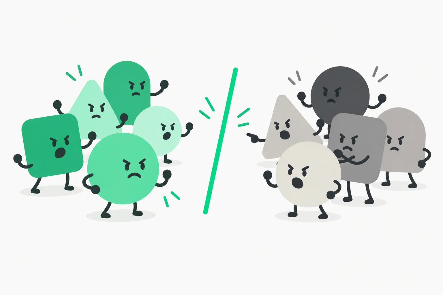 Two groups of shapes facing each other across a green line, standing in for the split reaction to the Anthropic Public Benefit Fund