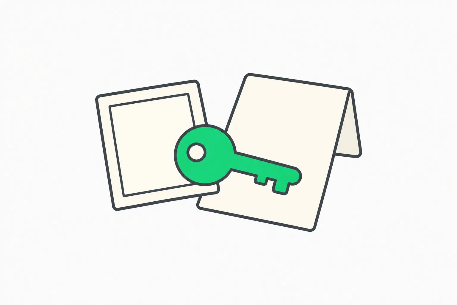 A green key across a blank picture tile and agreement, representing a perpetual IP license in a Character.AI bankruptcy sale