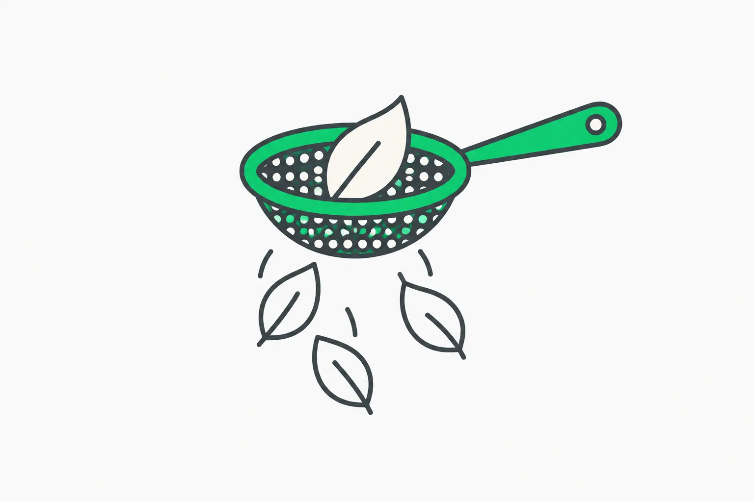 Green sieve keeping one cream leaf while duplicate outlines peel away, illustrating data deduplication in curation