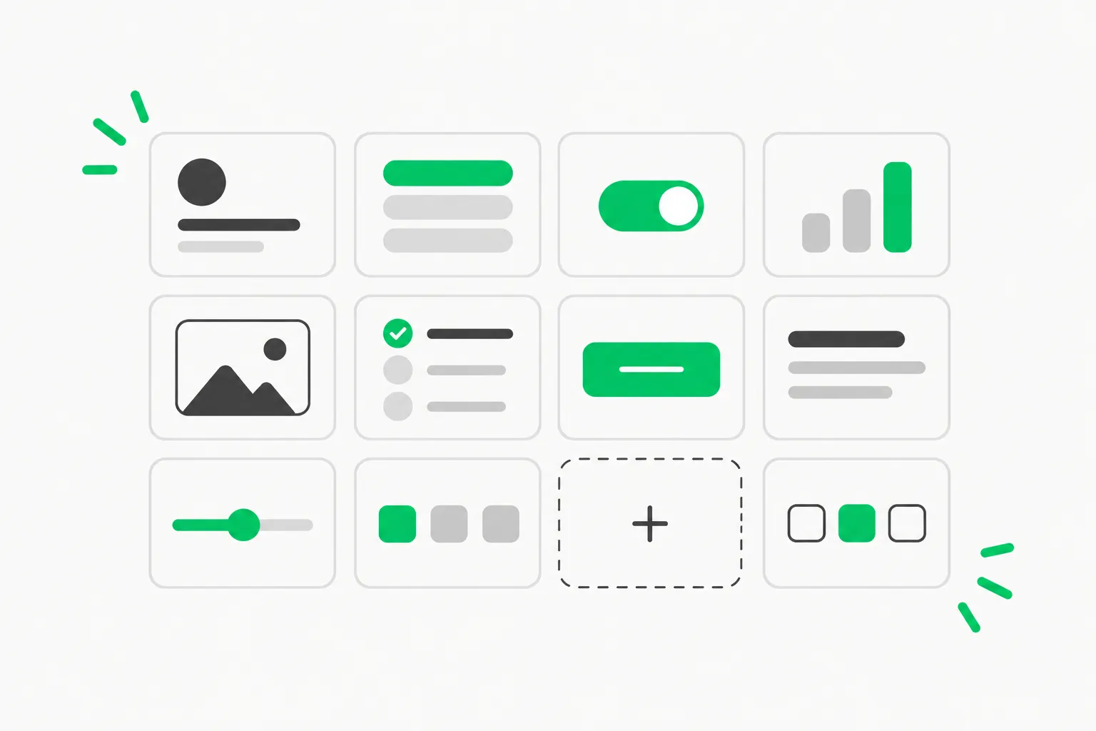 Grid of component shapes with one green swatch, representing the design system a chosen Oil UI direction can feed into