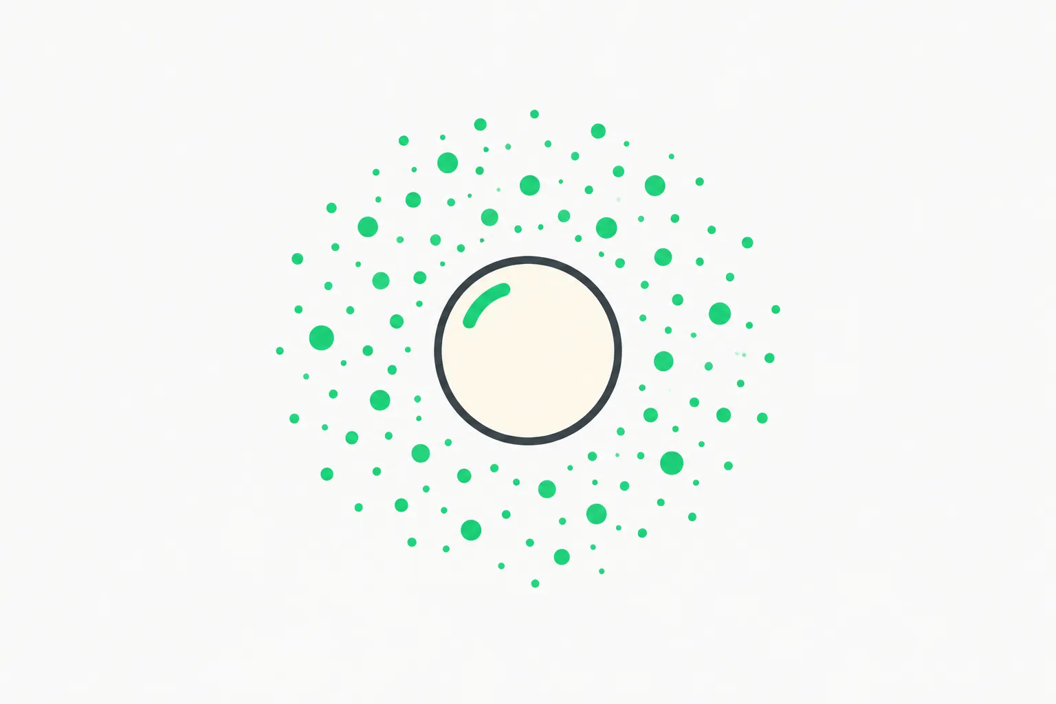 Ghost Core personal AI computer privacy: green data speckles held in a protective cloud around one sealed bead