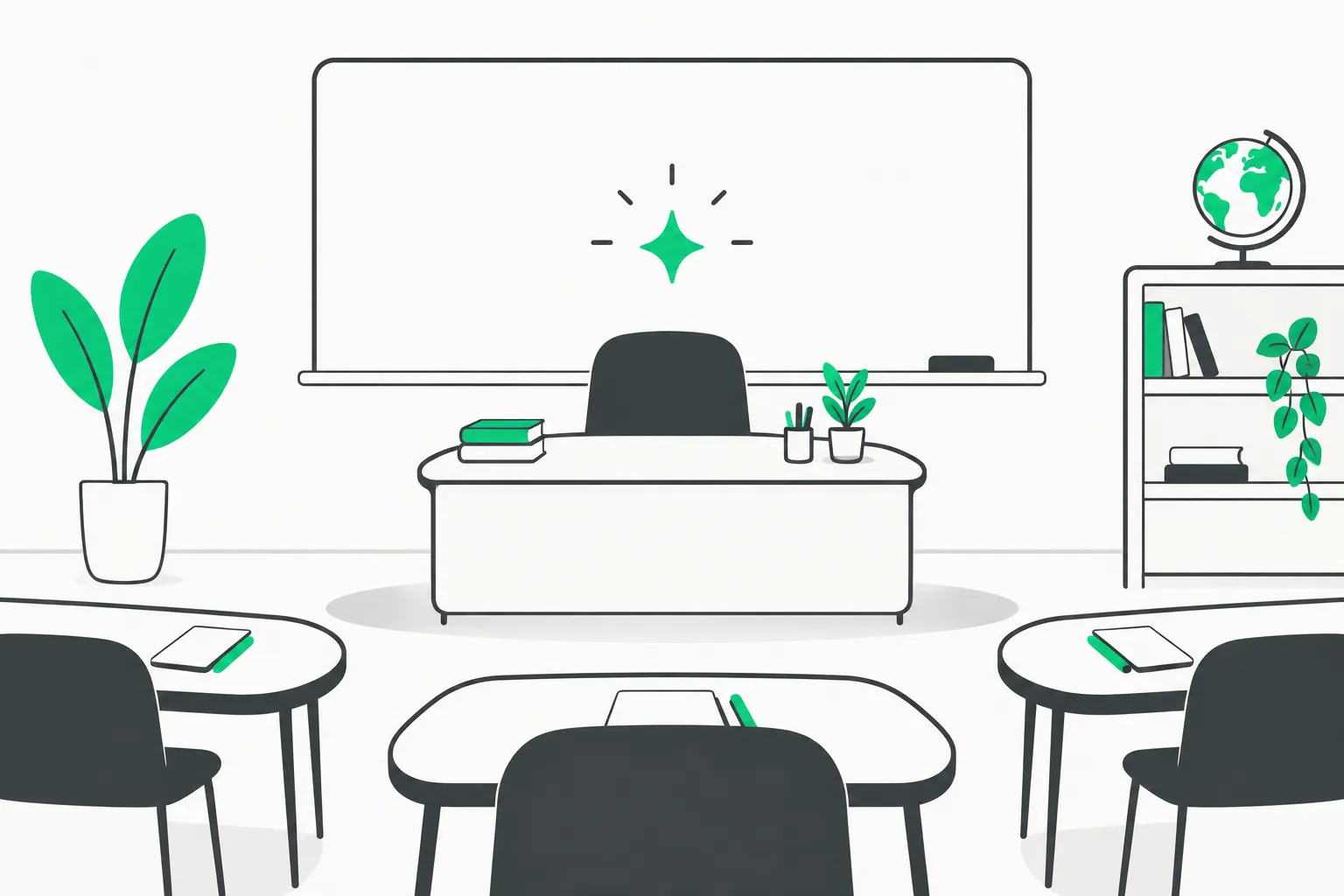 Education classroom AI illustration showing desks and a spark above the teacher's desk