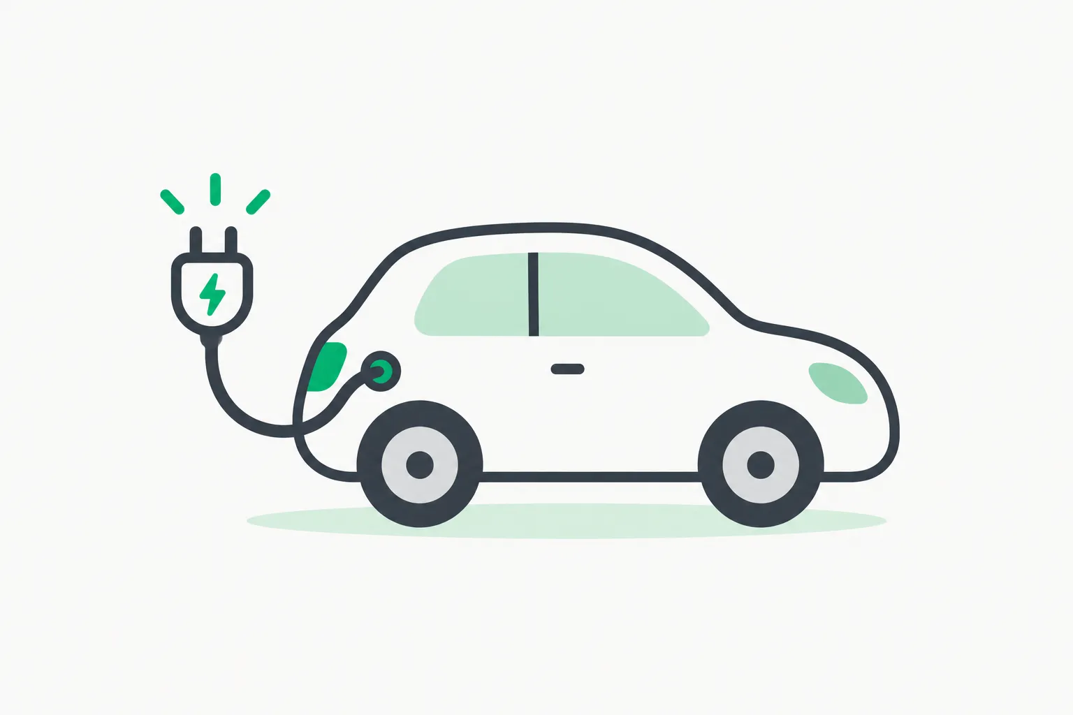 A small rounded car outline connected to a plug with a green spark.