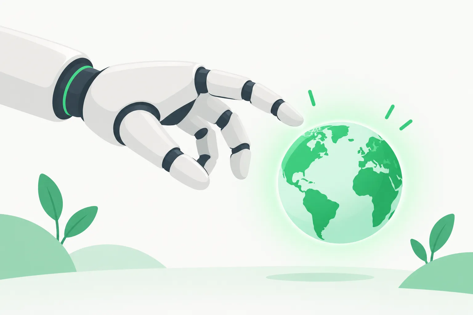 A robot hand reaching toward a small globe, representing embodied AI moving from chat into the physical world