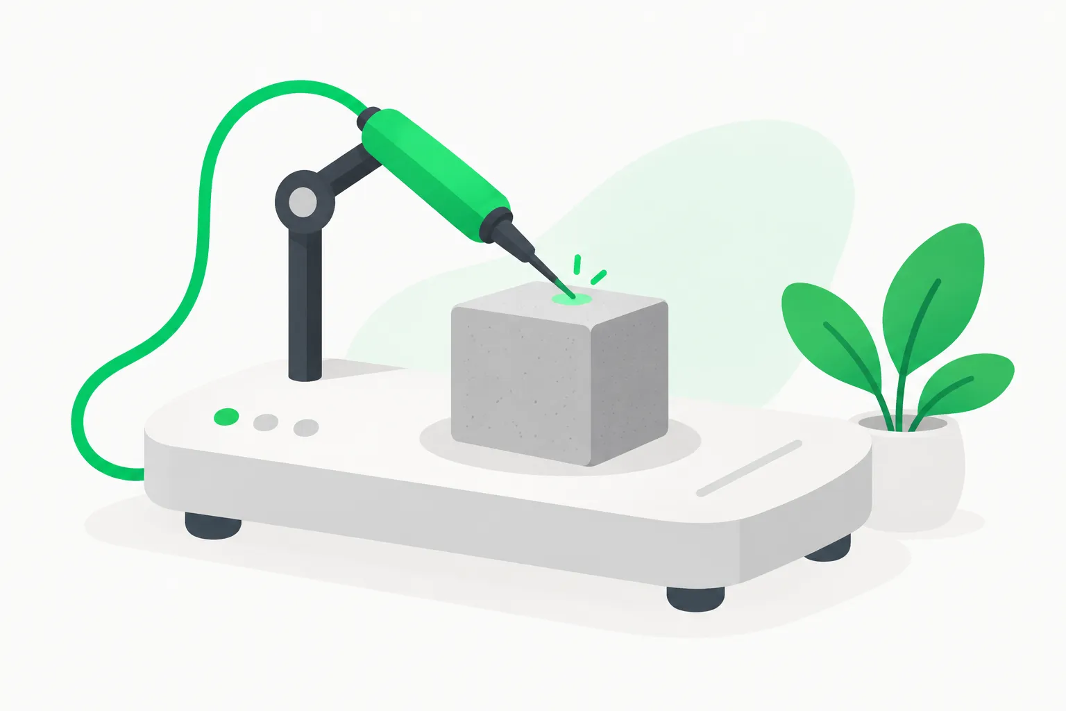 A test bench with a probe touching a block, illustrating benchmark evaluation of a quantized model