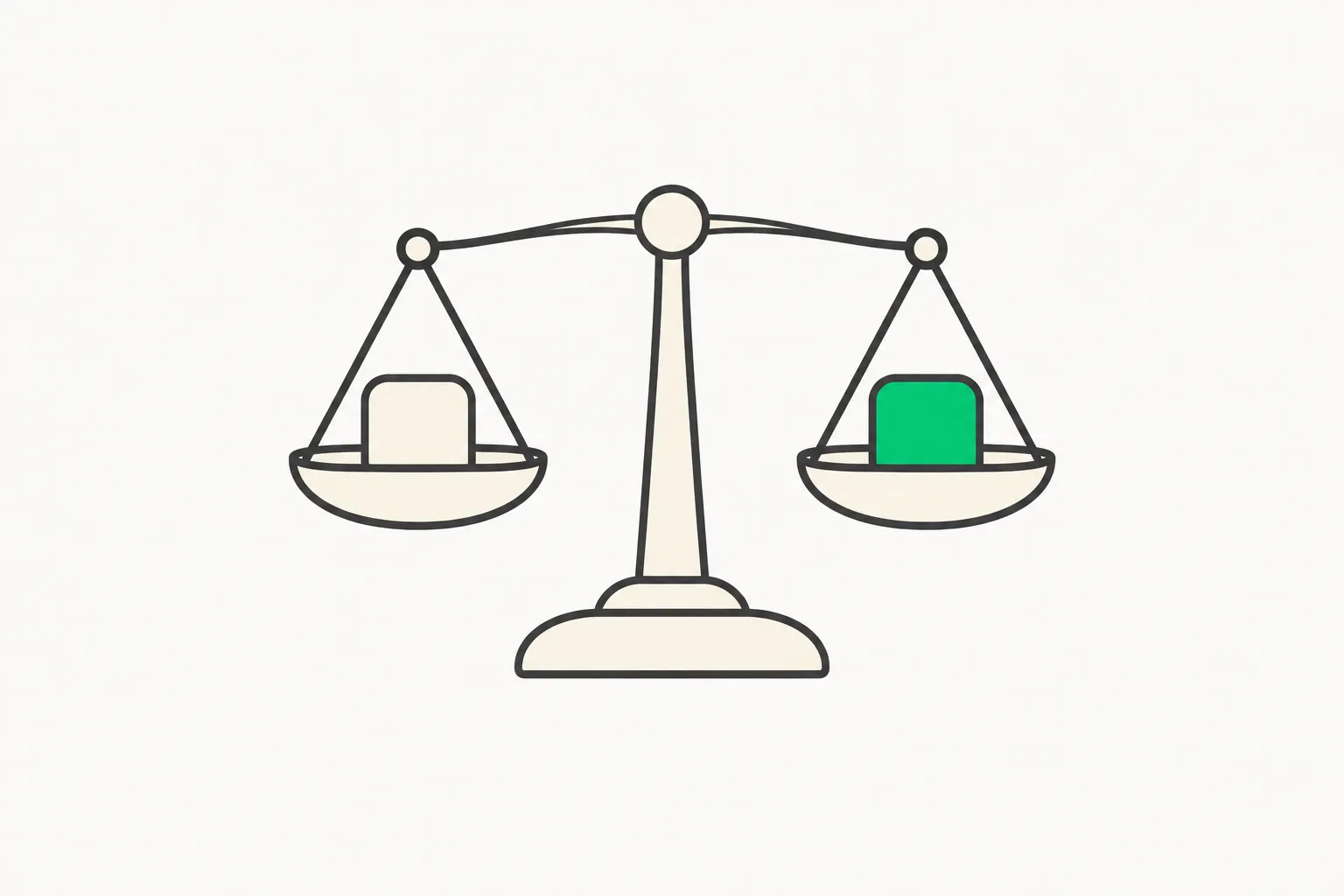 A balance scale holds a cream block and a green block, standing in for benchmark scoring of coding agents