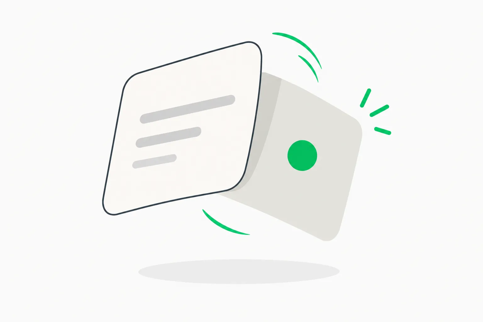 Flashcard mid-flip with a green dot on its back, representing Melo flashcards and recall practice