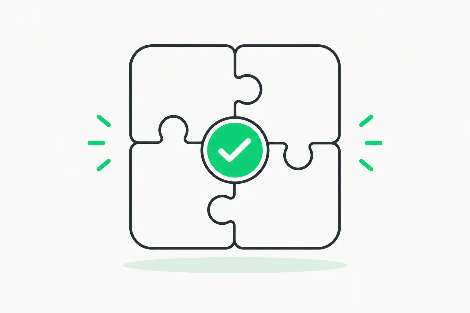 A puzzle piece locking into a green seal, showing what a Lean proof of integer multiplication would certify