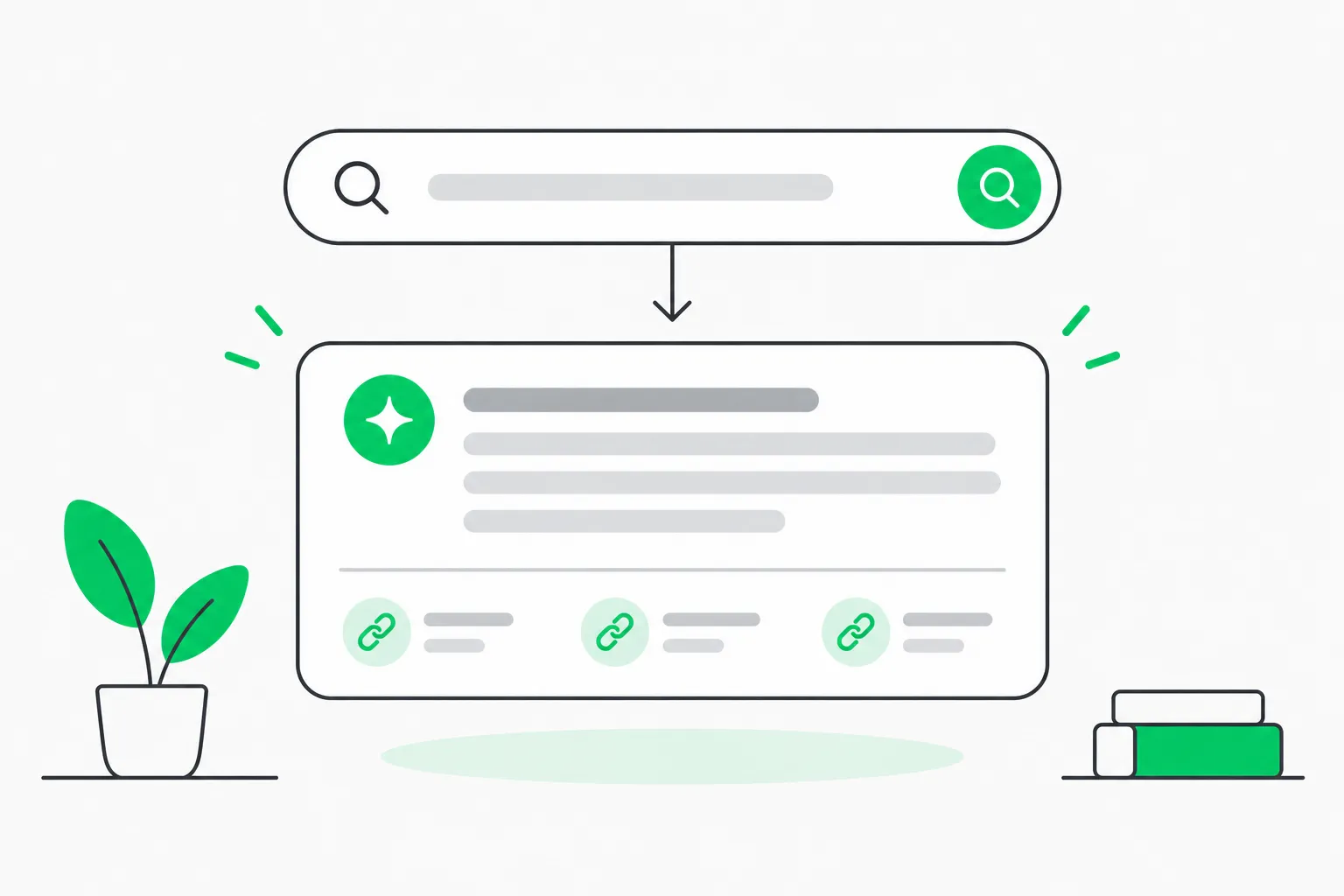 A search bar feeding one answer card with green source markers, picturing credited AI answers in the Google News AI pilot