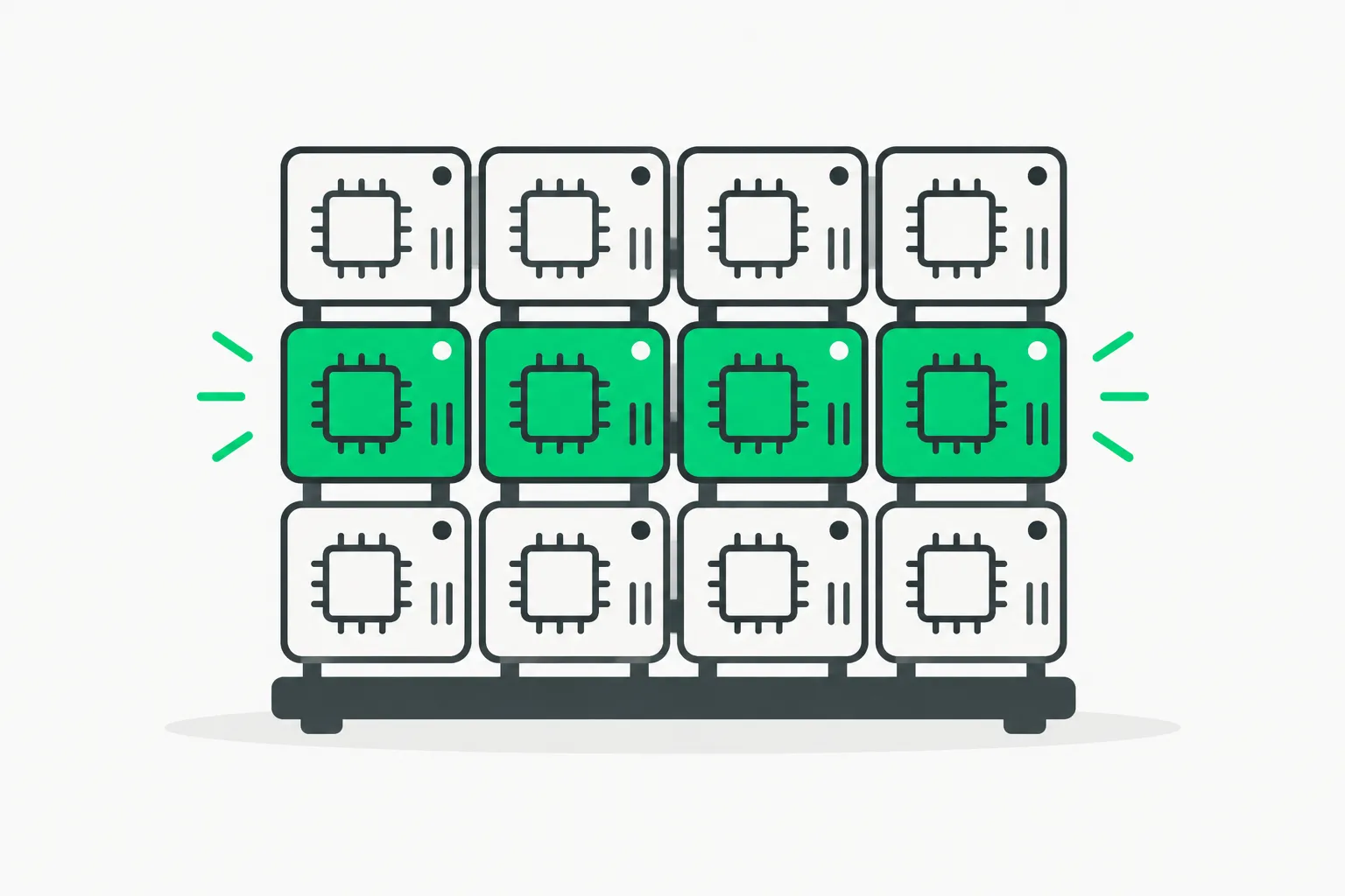 A grid of chip squares with one row lit, a simple picture of the Minions virtual GPU cloud pooling idle Macs
