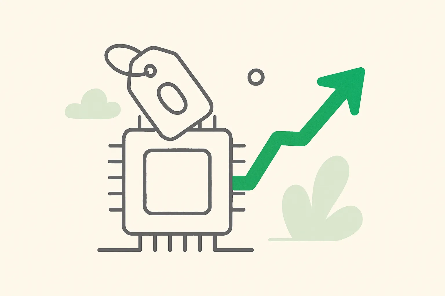 Chip with a rising price tag, used to illustrate checking per-output API pricing for vector generation