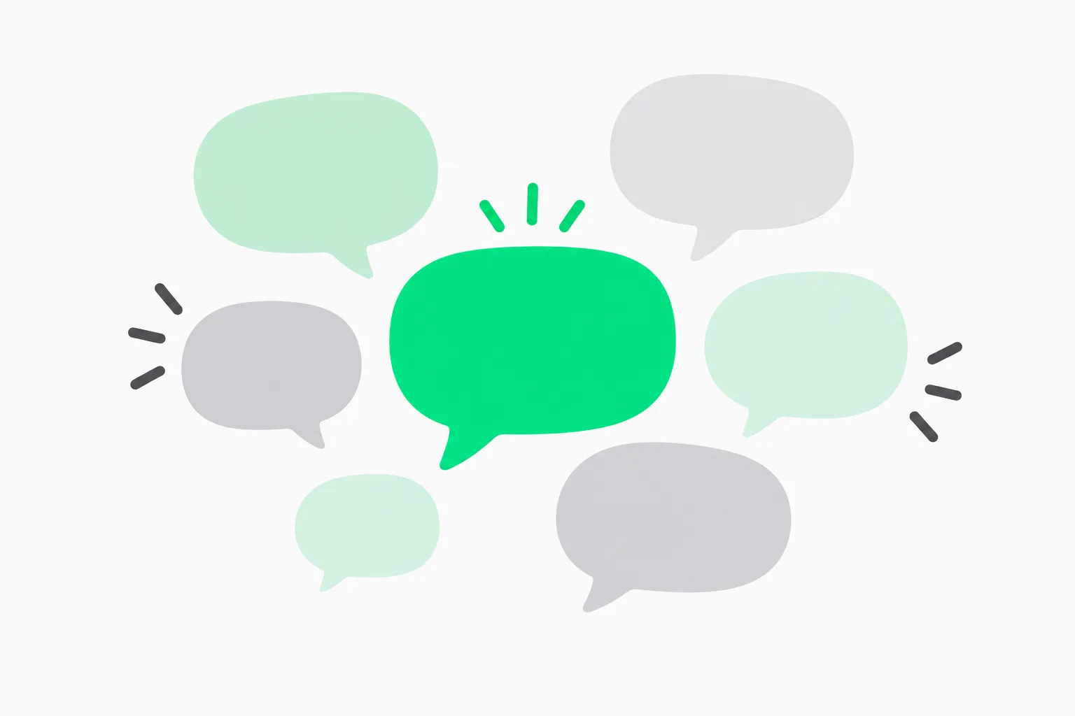 Rounded speech bubbles clustered around one green bubble.
