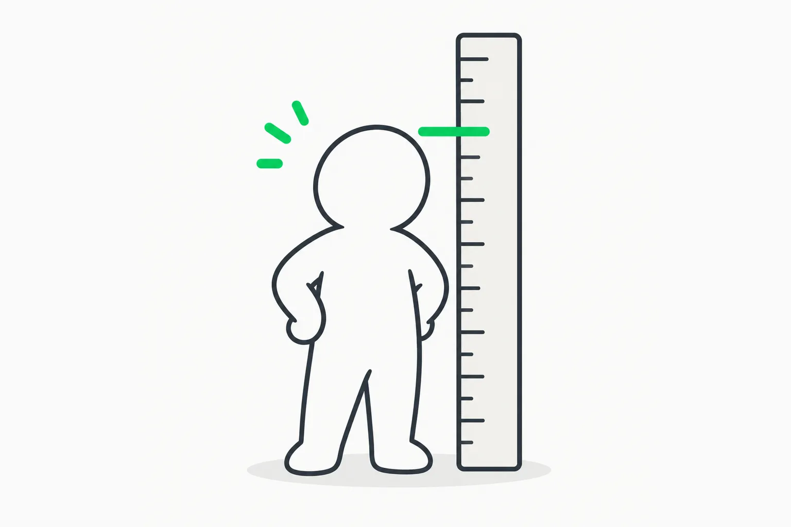 A figure beside a ruler with a green mark, representing measuring a vendor's compute savings claim against a baseline