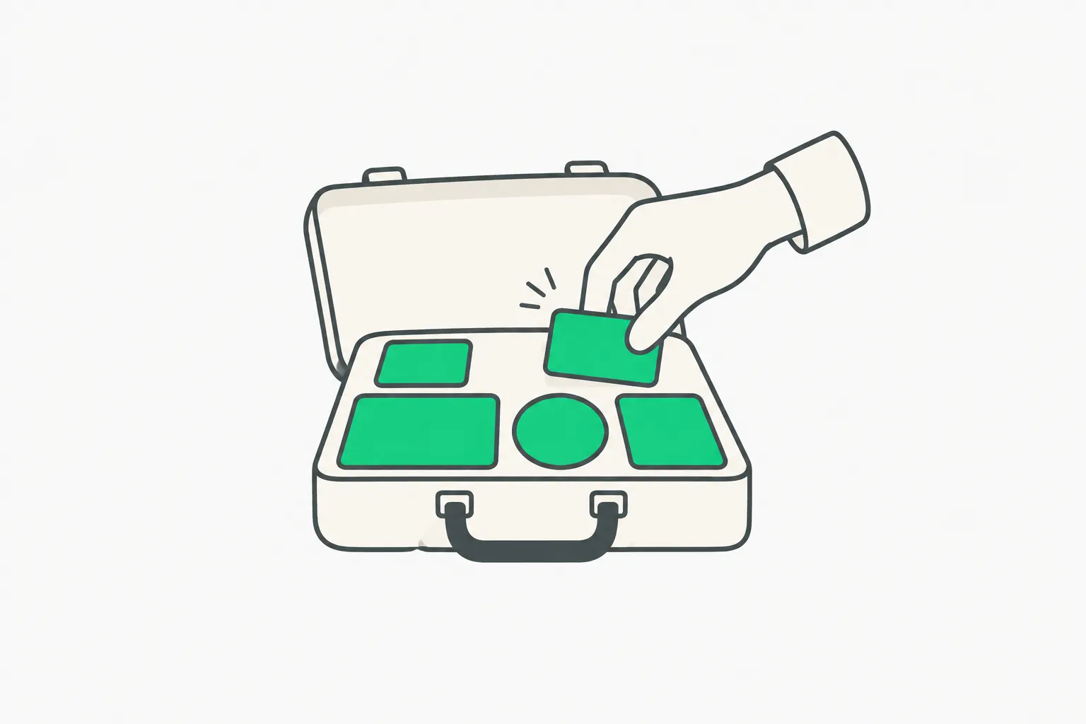 An outlined hand rearranges green blocks within a cream briefcase, illustrating jobs being reshaped by AI