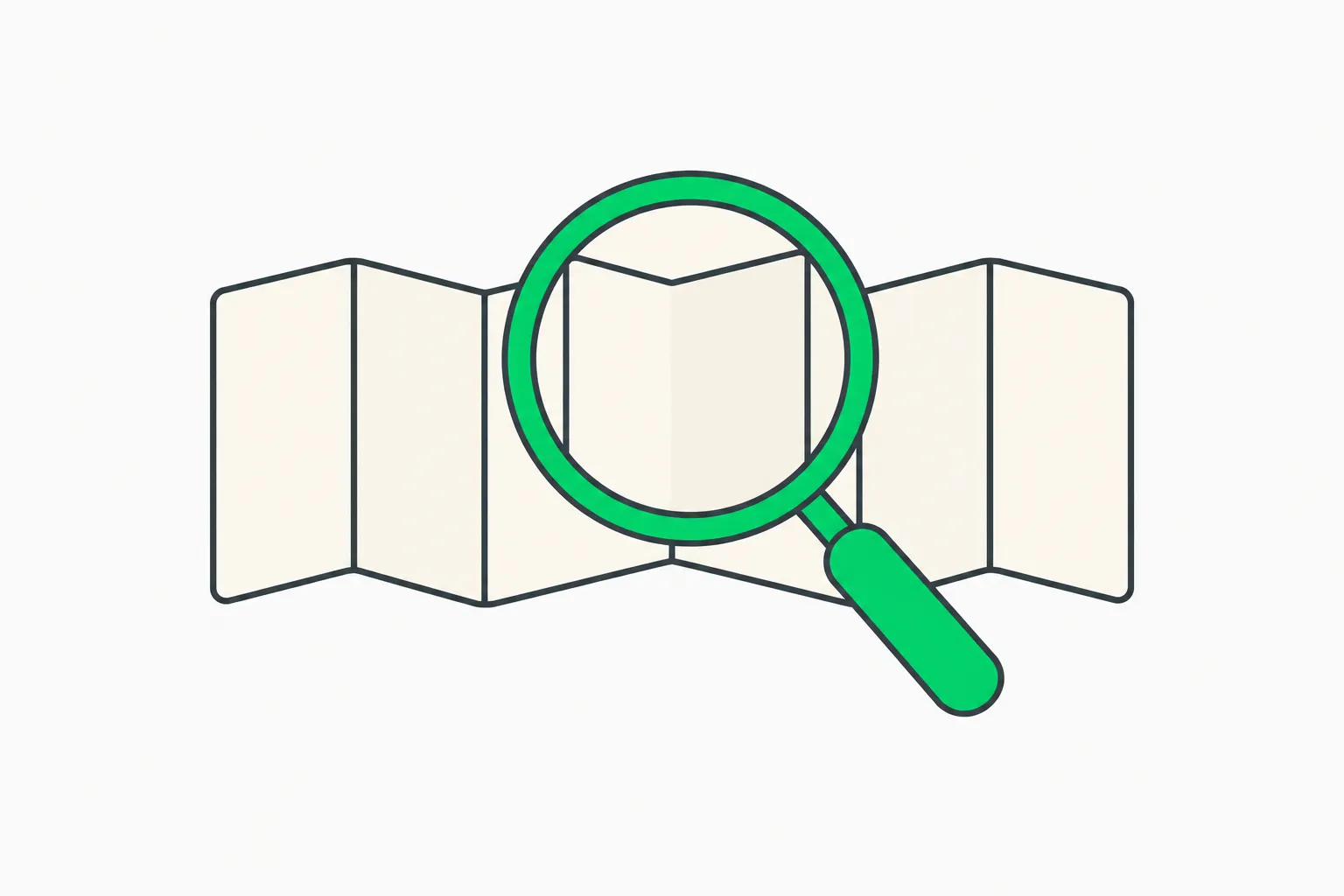 A green lens enlarging one fold of an accordion document, picturing CaseCite open-source legal AI reviewing a contract clause