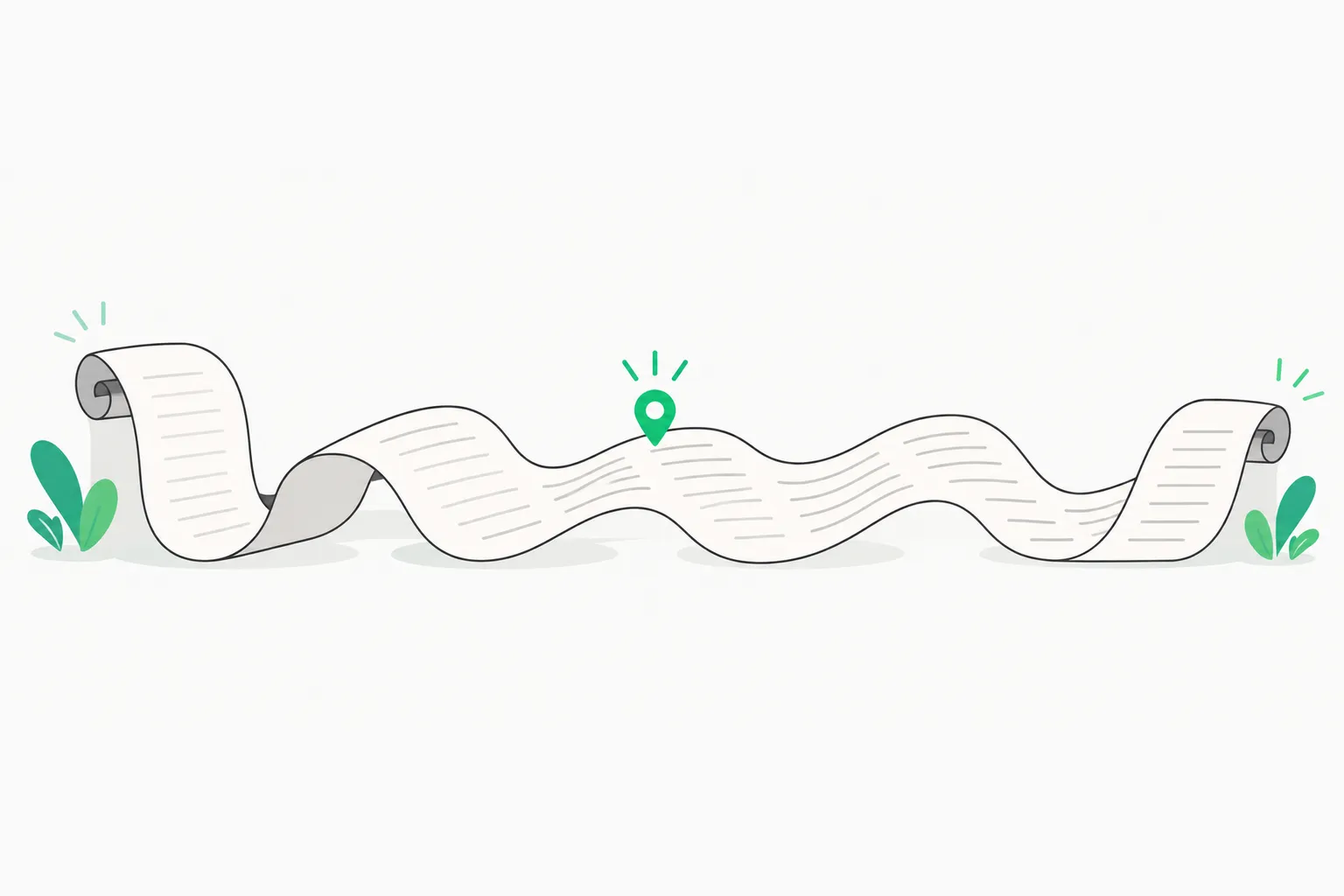 Long scroll unrolling with a marker, illustrating a whole repository or data room read in one SubQ Snap call