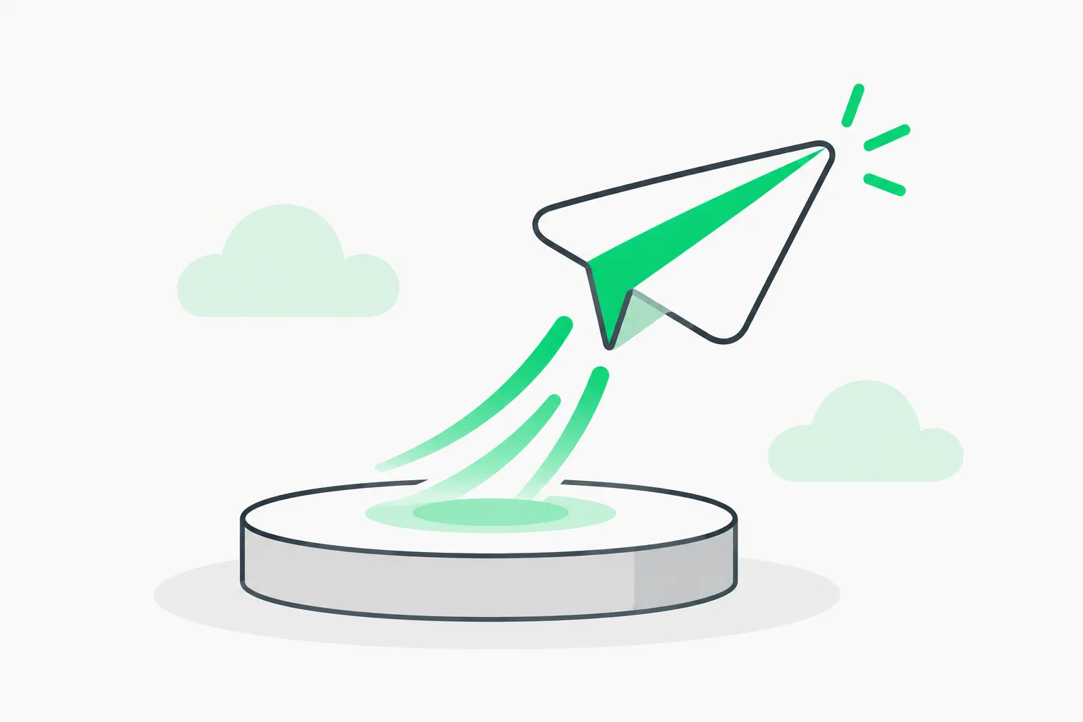 A paper plane launching with a short green trail.