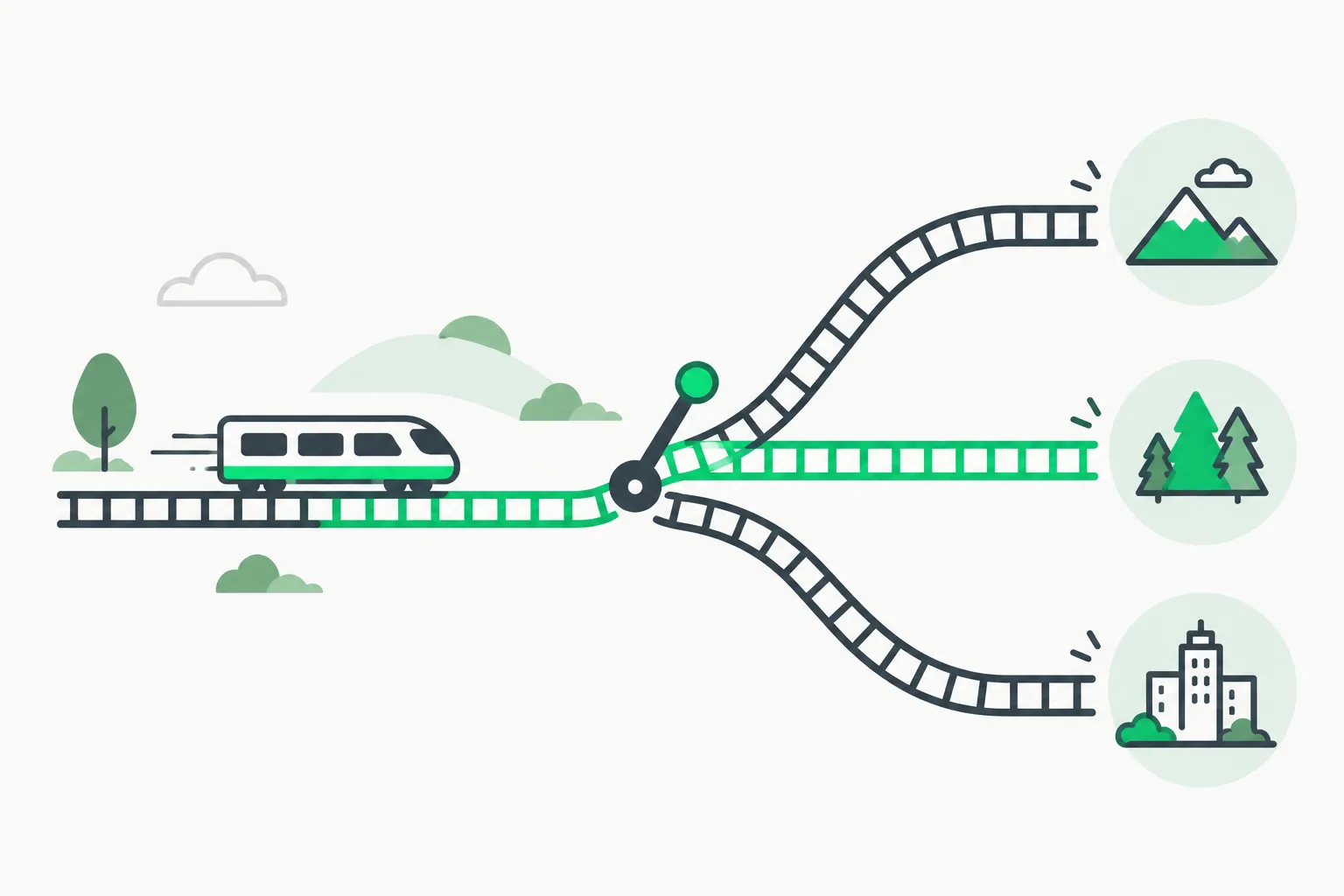 A rail switch sending one track to one of three destinations, an analogy for routing classification calls to Jev