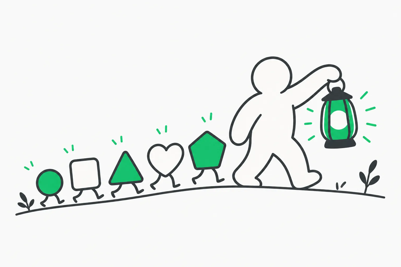 A figure with a lantern guiding many small shapes, picturing open-source contributors racing to tighten the multiplication constant