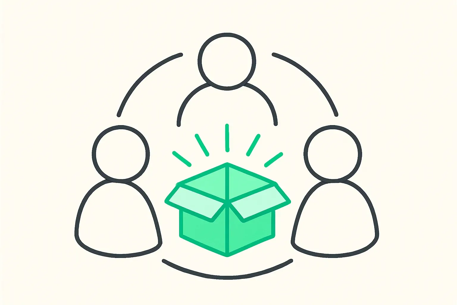 Three featureless outline figures gather around a green open box.
