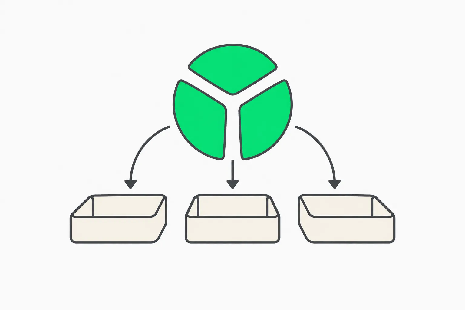 A green core is gently divided into three matching pieces above three open cream trays.