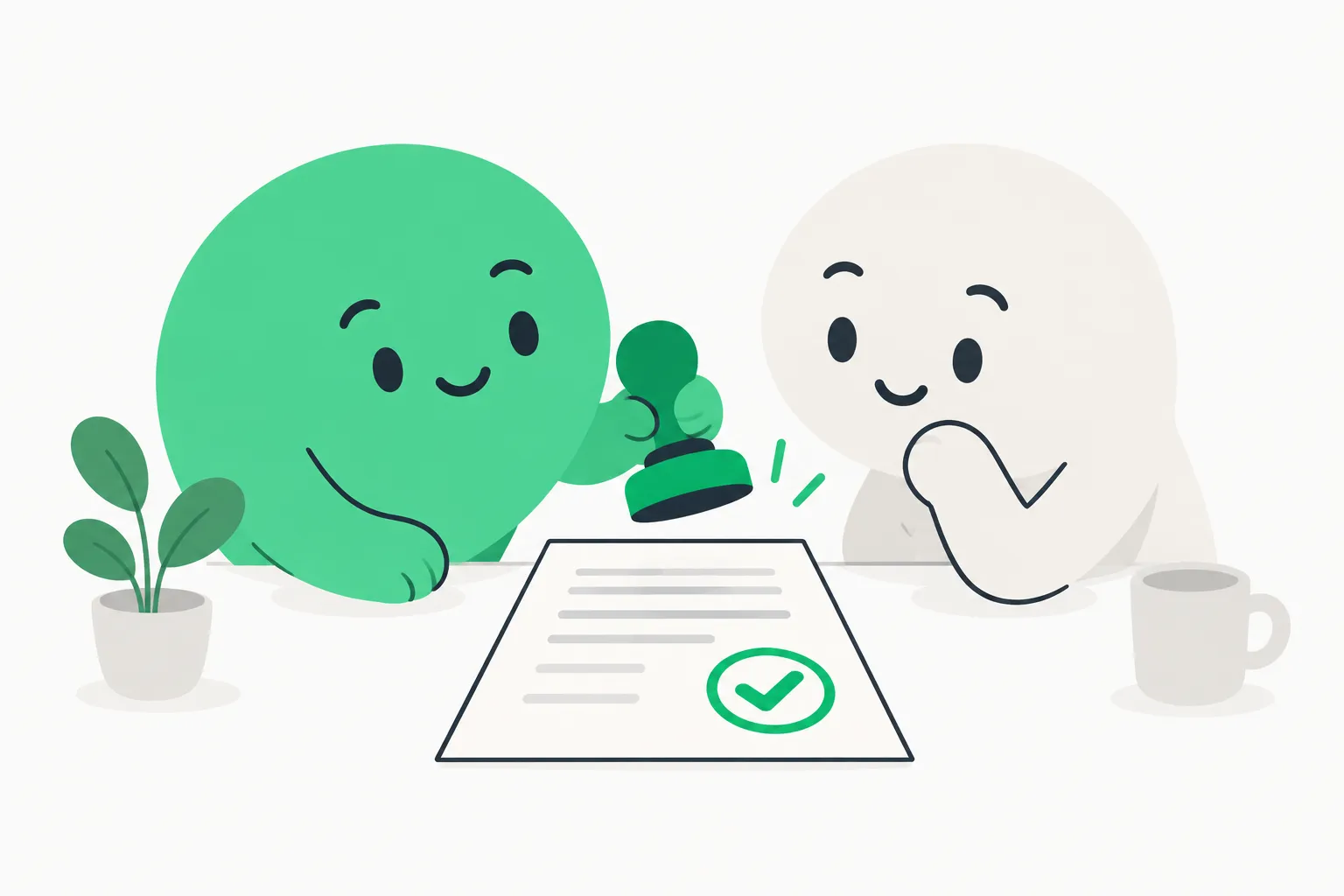 Two shapes inspecting one paper, one holding a stamp, representing peer review of an AI microscope video before a contest award