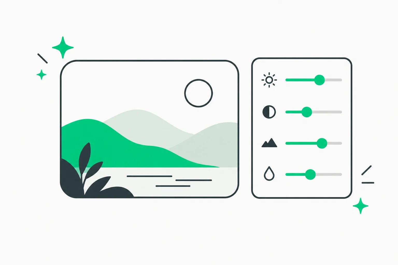 Photo editing slider beside a landscape frame, showing the difference between adjusting a real recording and generating new content in AI microscope video