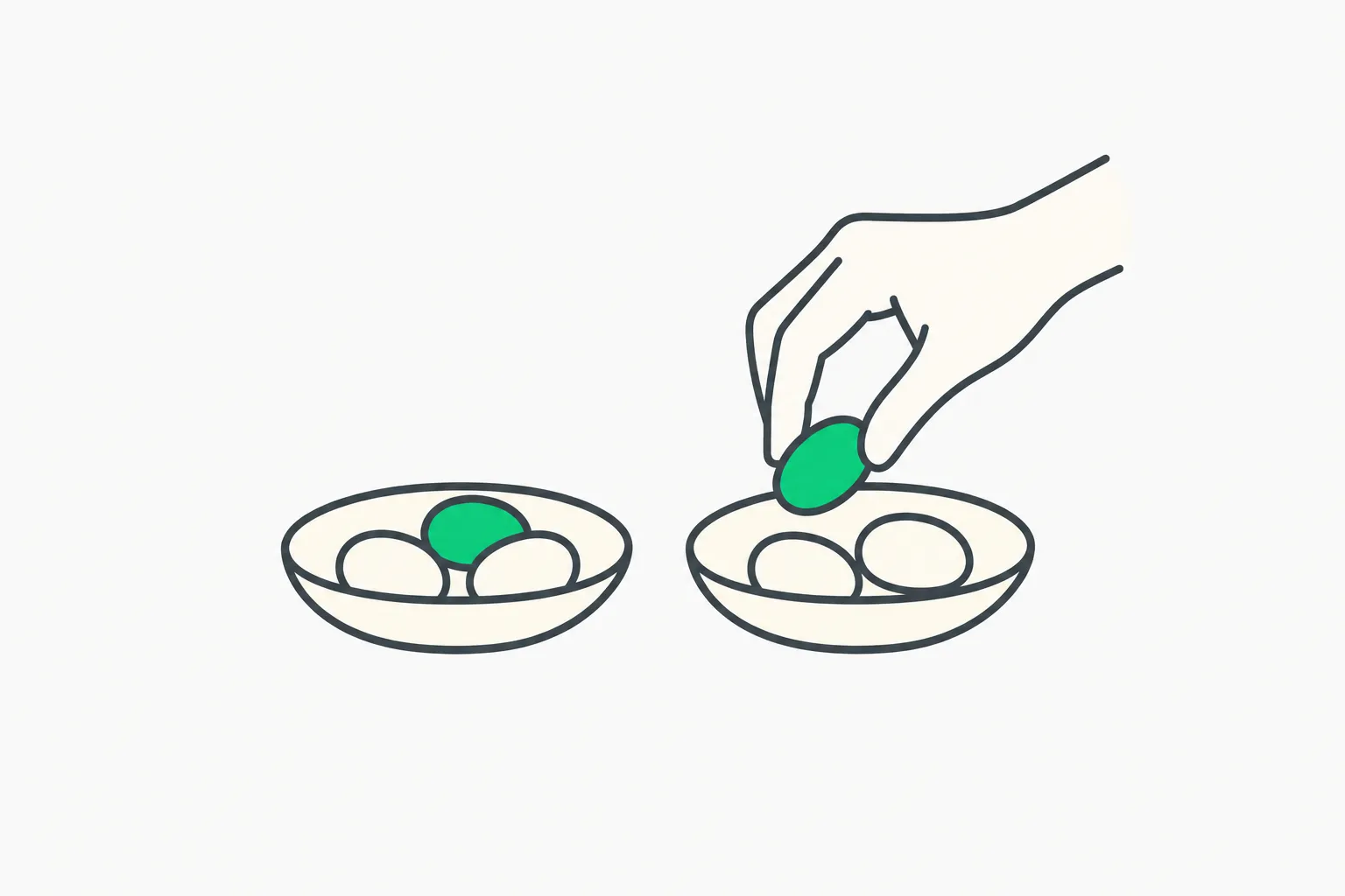Taste vs judgment in AI work: a hand choosing one green pebble from two dishes of options