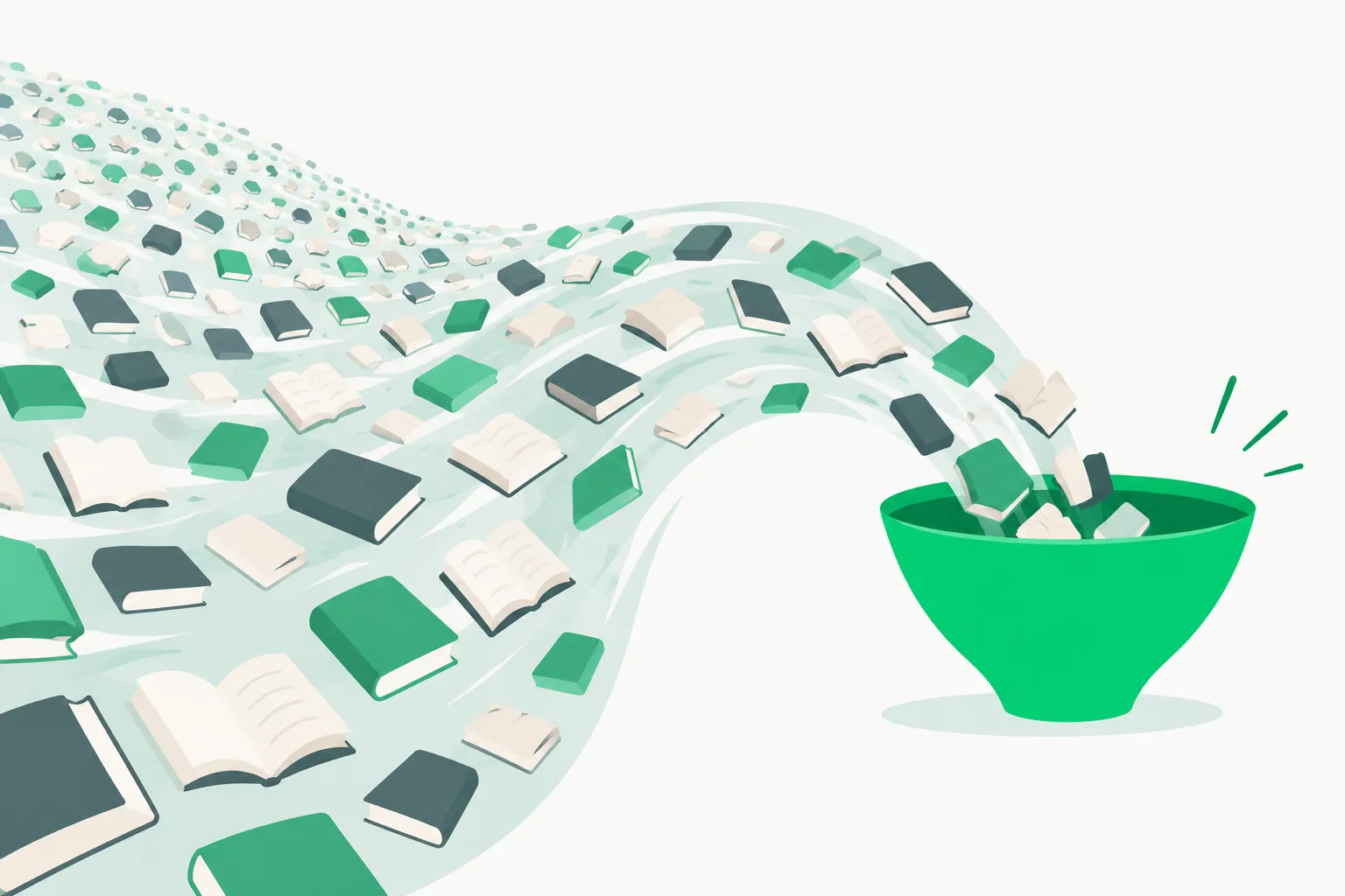 A sea of small books flowing into a single green vessel, illustrating Talkie 1930 model pretraining on pre-1931 text
