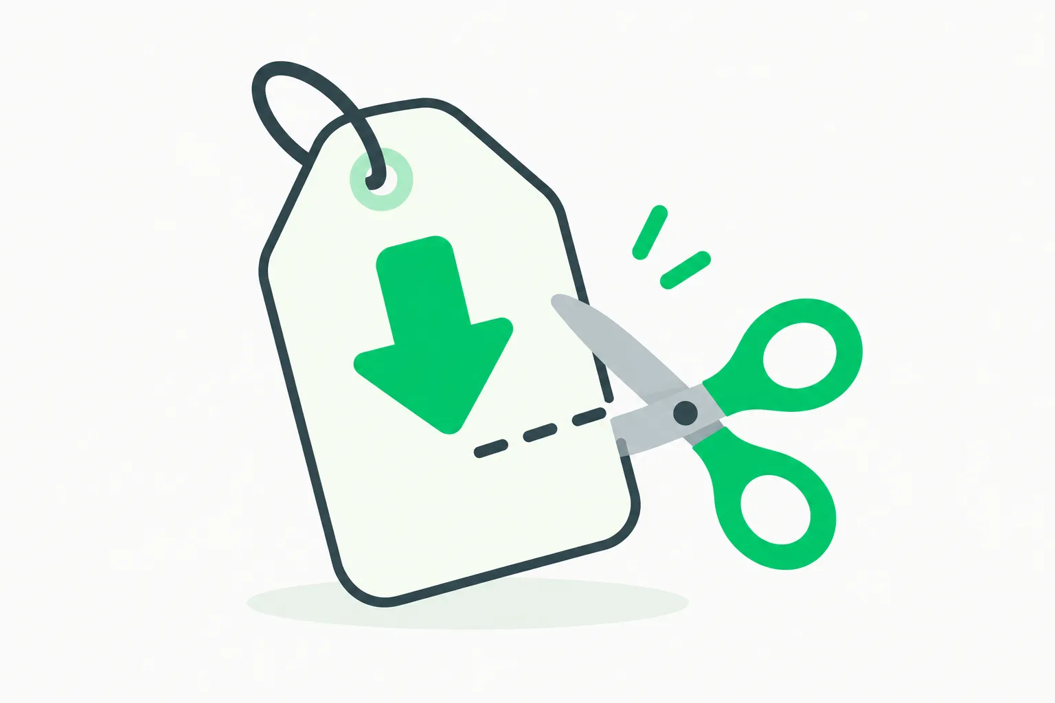 A price tag with a downward arrow beside scissors, showing how a headline OpenAI discount of up to 90 percent can come from stacked cuts