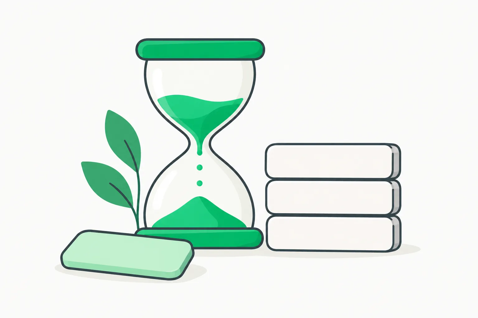 A green hourglass beside a stack of blocks and a small plant.