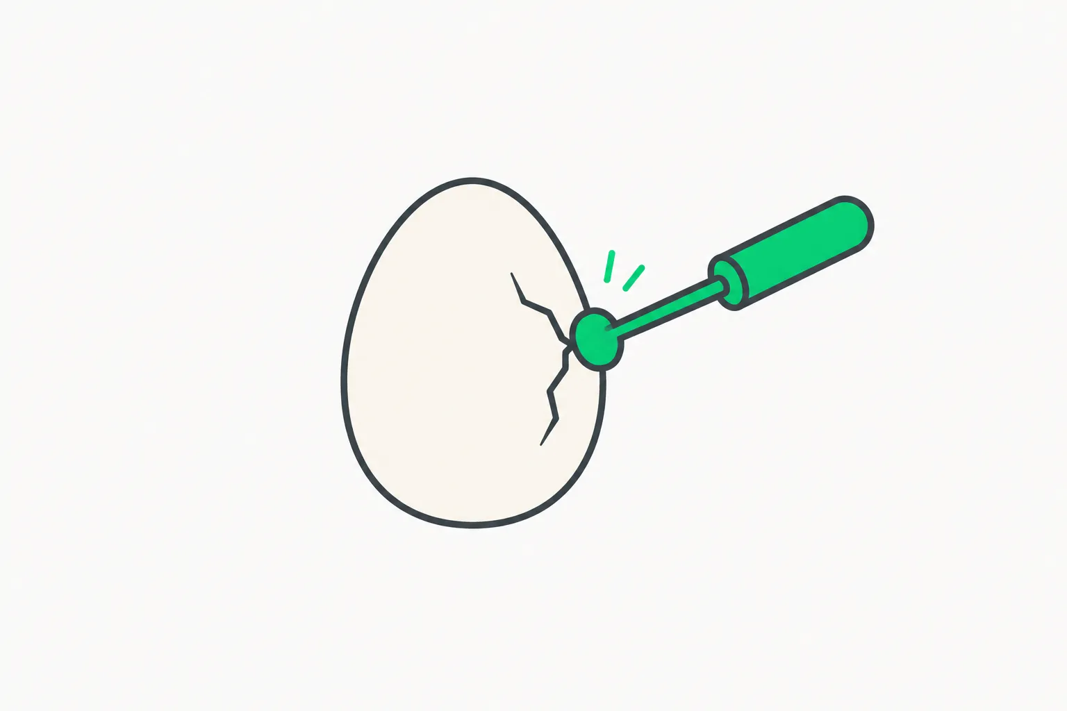 A green probe pressing on a small crack in a shell, illustrating automated red-teaming of image-model safeguards