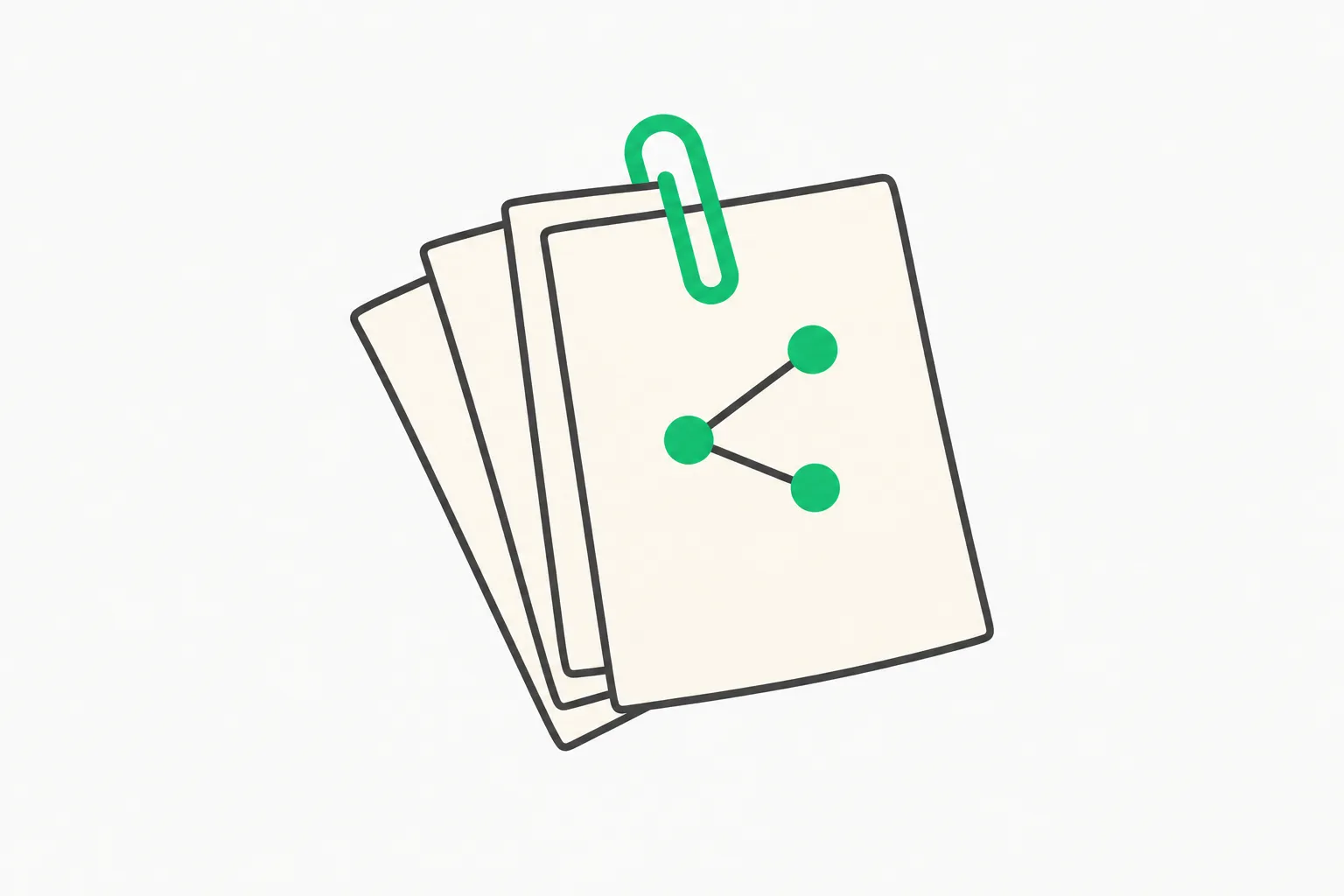 A green paperclip holds three sheets, with a small branching diagram on the top page.