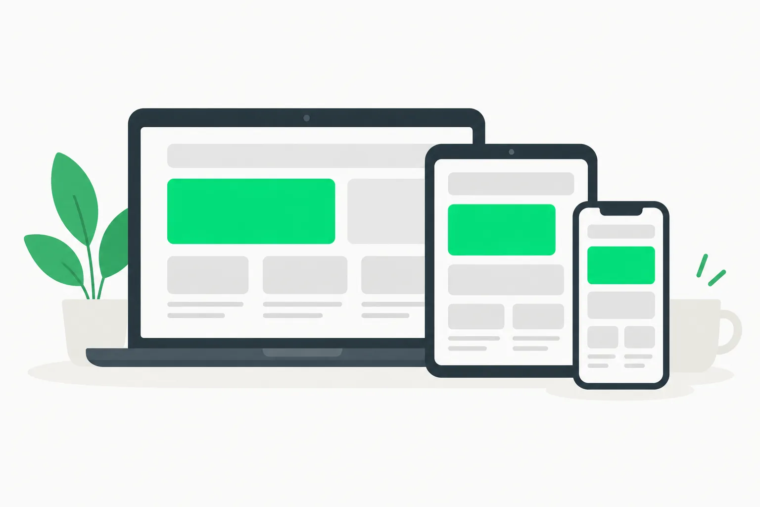 Three screens of different sizes holding the same blocks, illustrating a side-by-side desktop and mobile design comparison in Oil UI