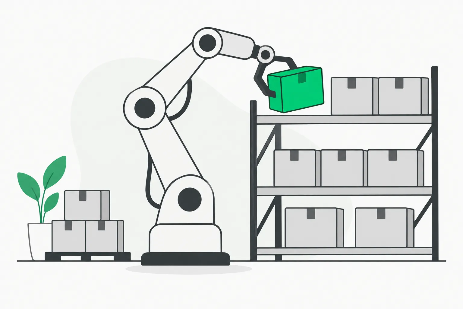 A robot arm placing a green box onto a shelf, illustrating robot assets in a simulation-ready library