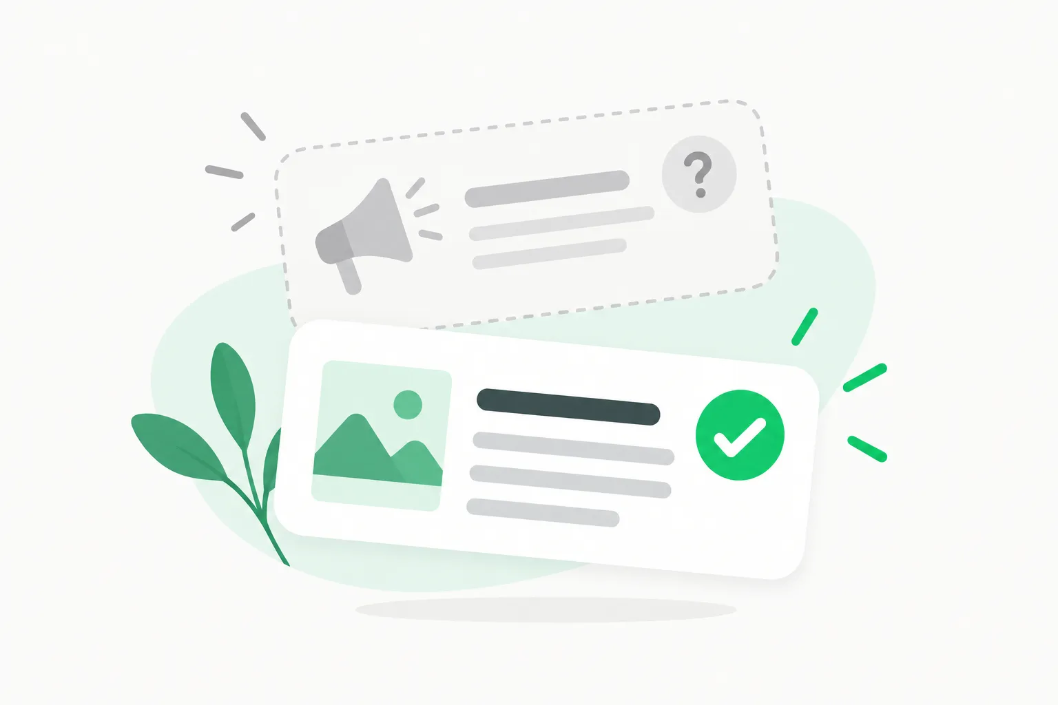 A faded dotted card above a solid card with a check mark, illustrating a rumor versus a confirmed report