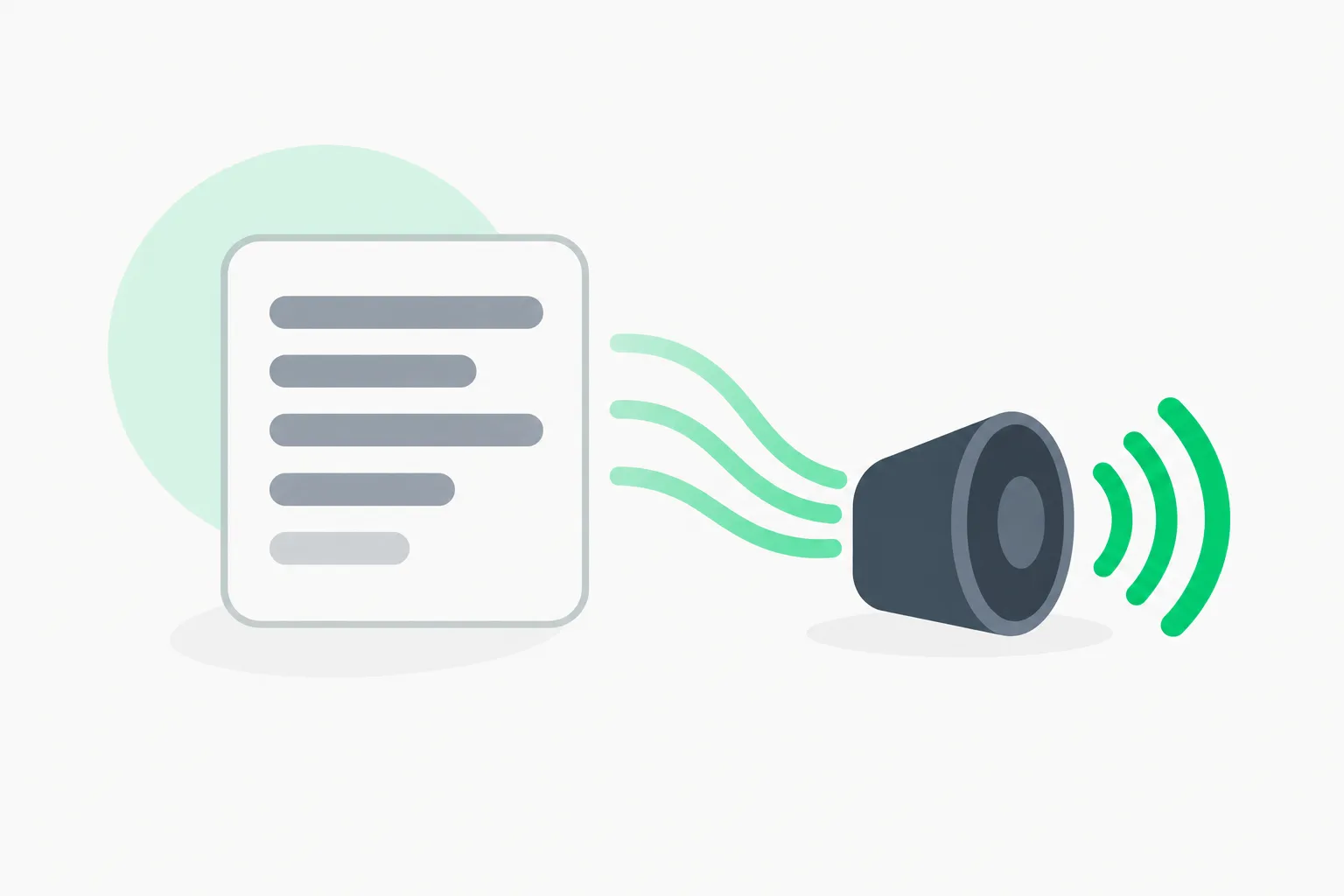Short text lines flowing into a speaker, representing VoiceOver accessibility checks in SwiftUI Pro
