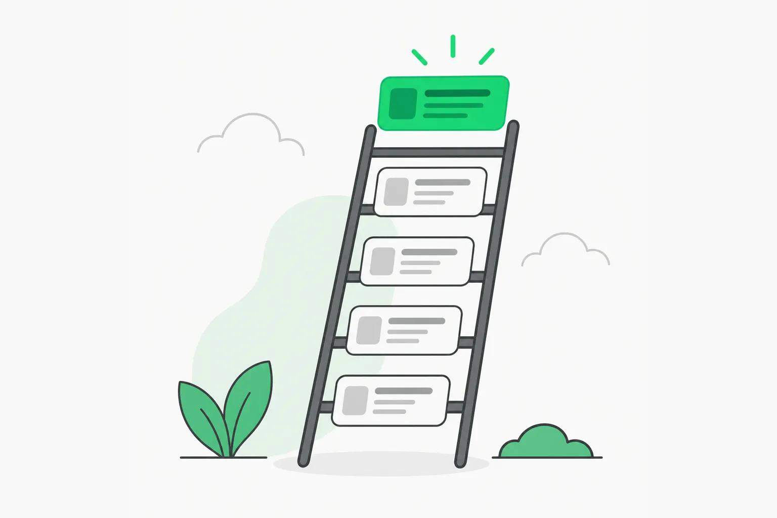 A ladder of result cards with a green card on top, illustrating ranking candidate ads in ChatGPT