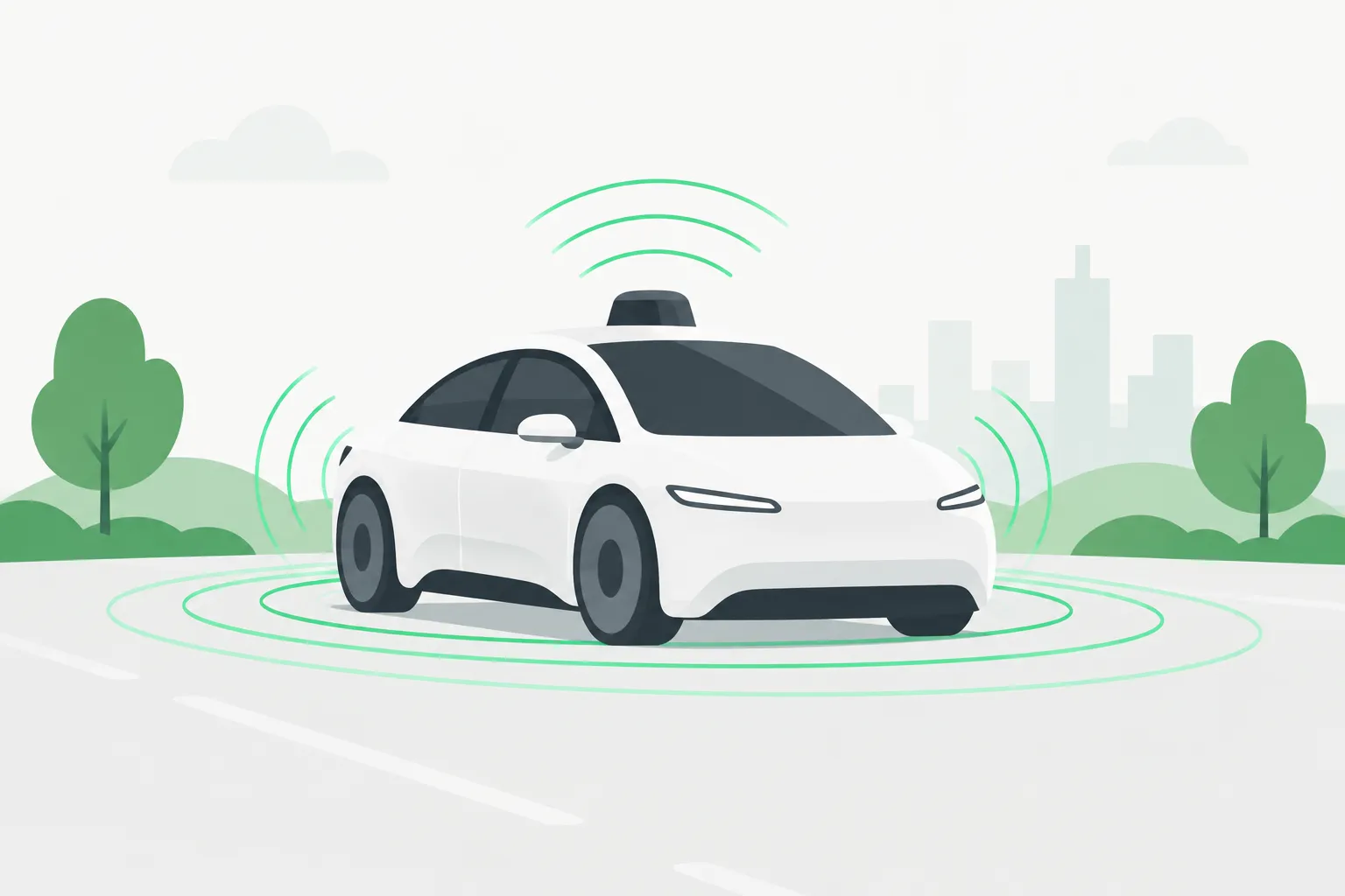 A car shape wrapped in green sensing arcs, picturing the Hyperion sensor suite in a Volvo with Nvidia's driving stack