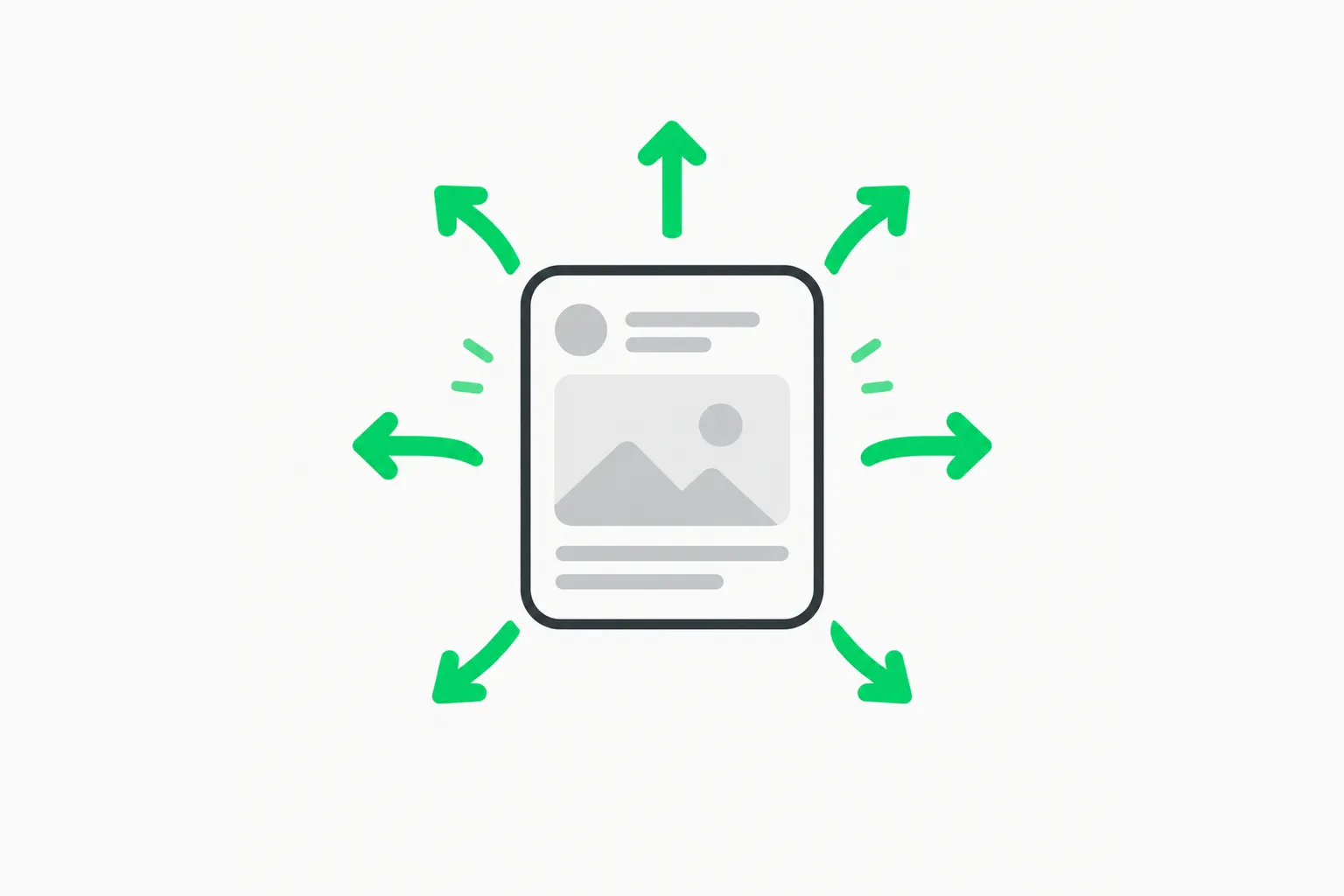 A post card with arrows fanning out, showing how a self-hosted Postiz scheduler publishes one post to many platforms