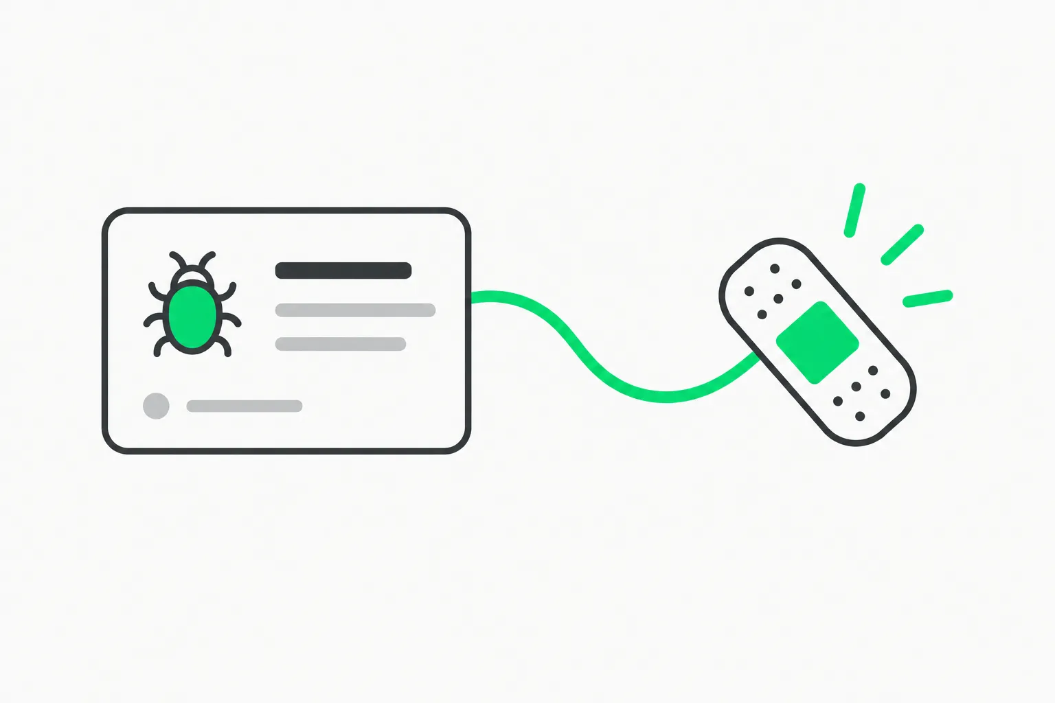 A bug card connected to a patch, representing a recovered function checked against the original with tests