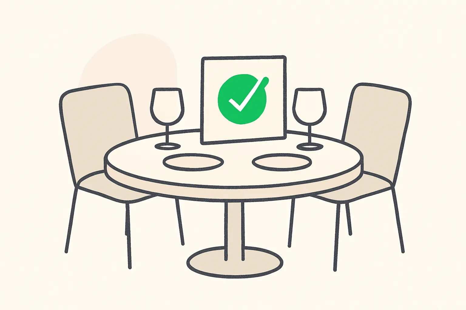 Tab AI assistant booking a table: a reservation card with a green check on a two-seat dining table