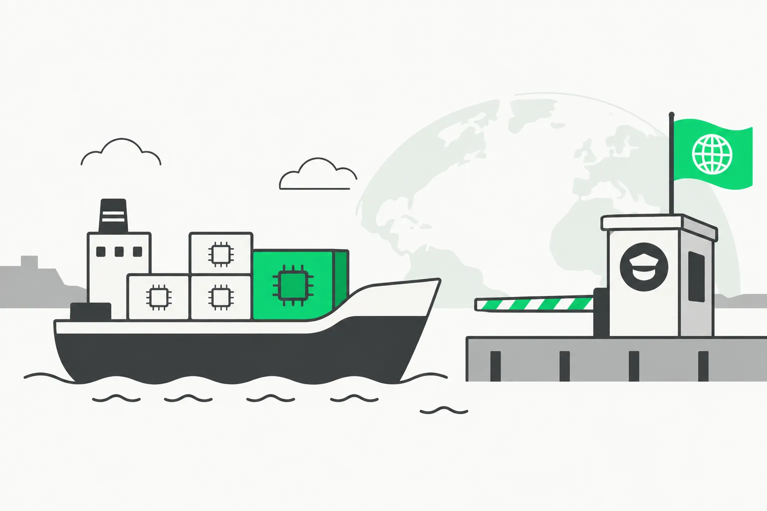 A cargo ship carrying boxes toward a checkpoint, an image for the sanctions that block Russia from replacing Nvidia hardware
