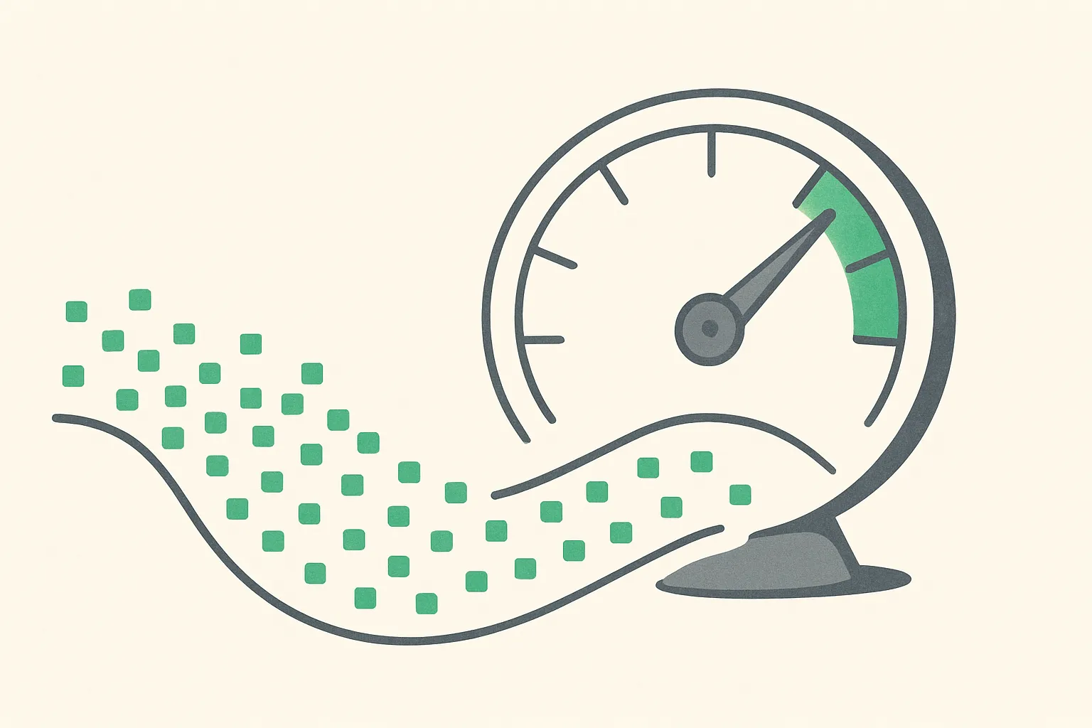 A river of tokens flowing past a daily meter pointing high, illustrating token usage metrics