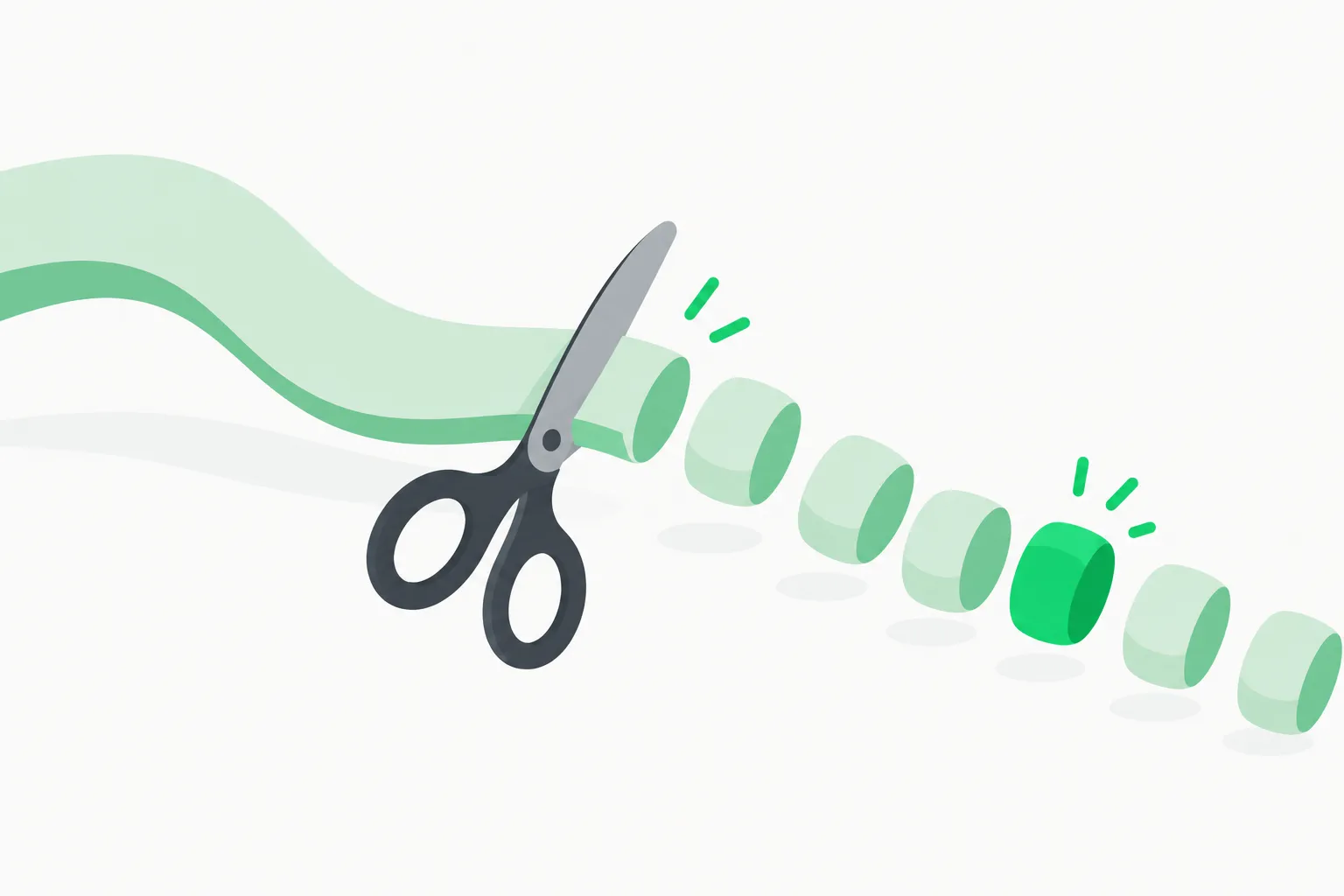 Ribbon of text sliced into beads, showing how a tokenizer splits repeated domain text into many tokens that vocabulary specialization merges