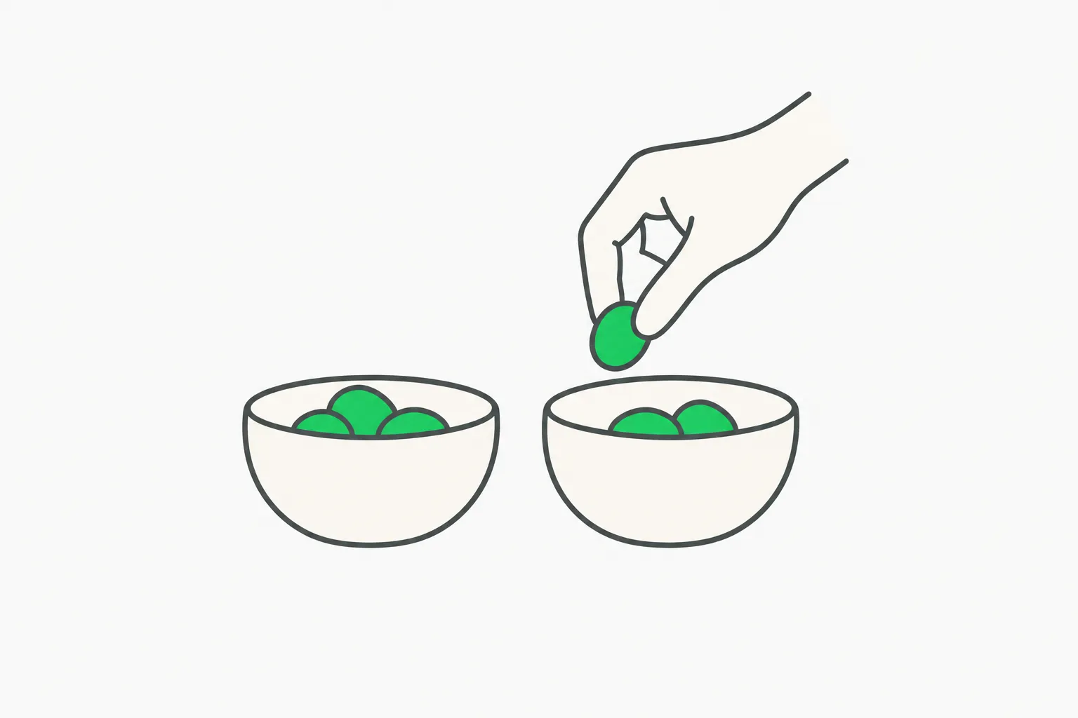 A hand placing a green pebble into one of two consent bowls, representing choices about how conversation data is used