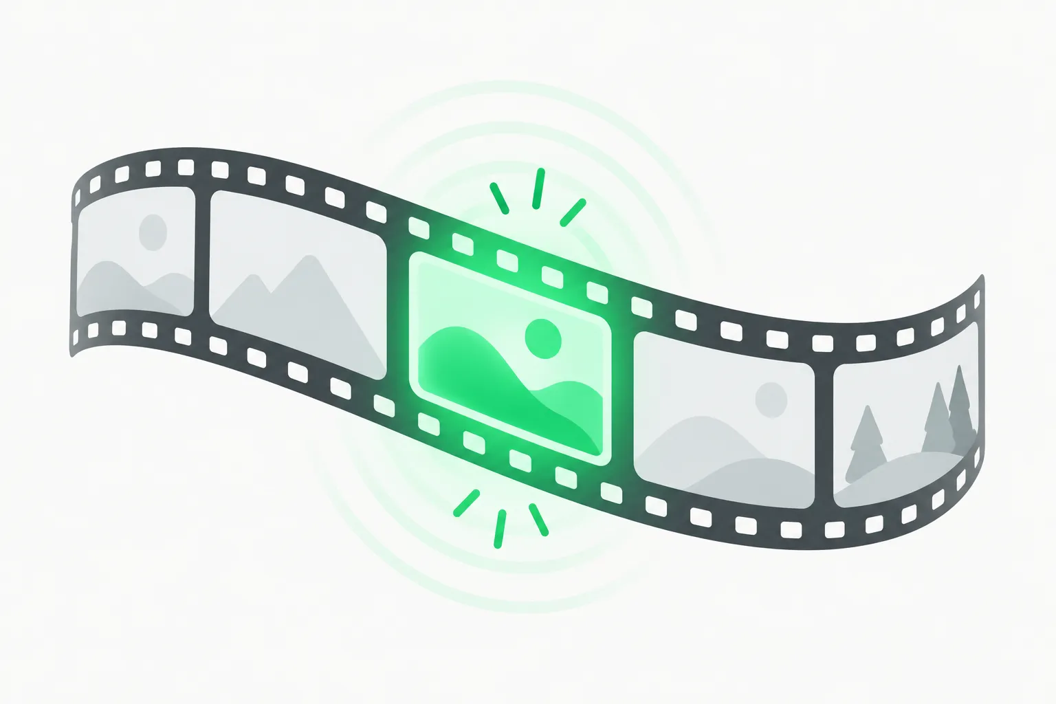 Filmstrip with one frame turning green, representing frame-by-frame rendering in a code-made film