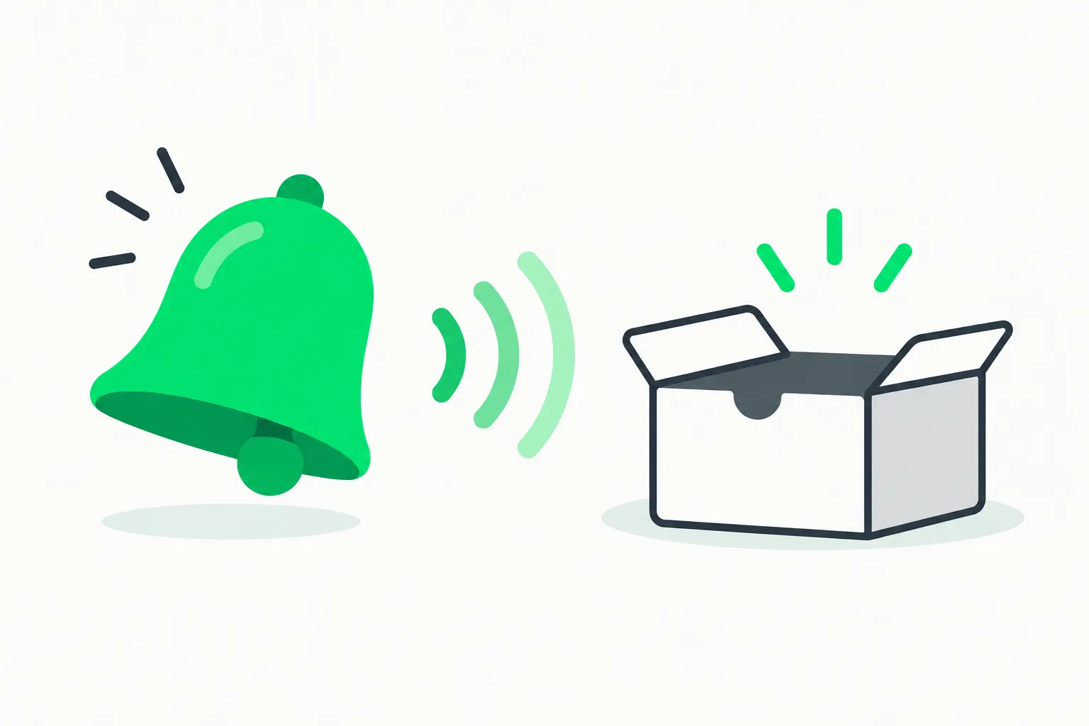 A bell sending green ripple rings toward a receiving box.