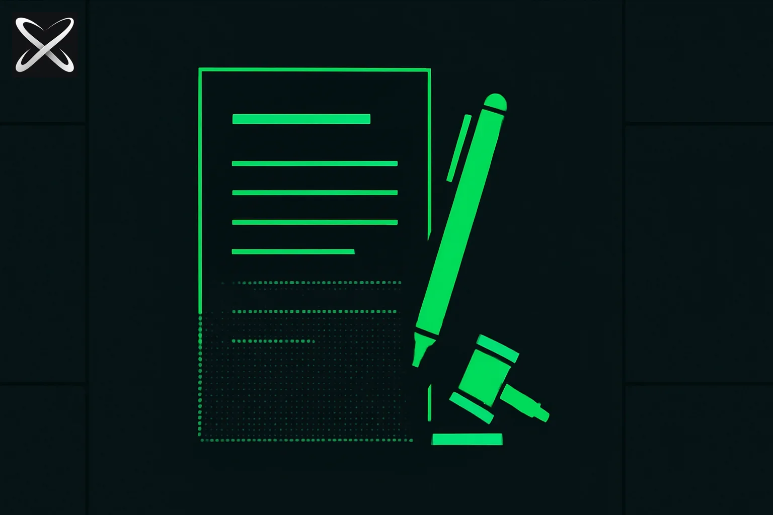 AI and contract law diagram: half a contract in solid confident text, half fading into uncertain dotted outlines
