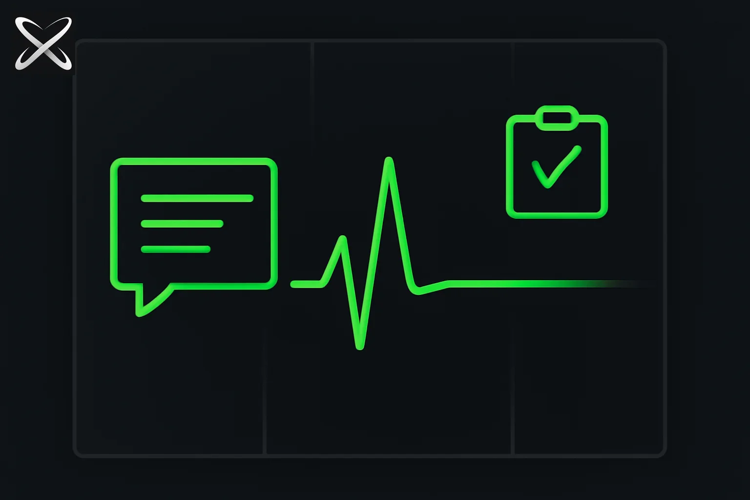 AI mental health chatbots diagram: a chat window beside a heart-rate line steadying, with a research-checkmark clipboard